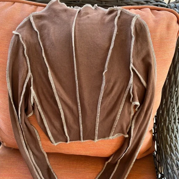Cropped Brown Long Sleeve Top with Stripes. Super stretchy and soft - Picture 7 of 9